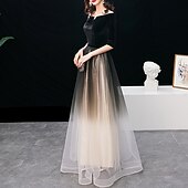 levne Polos formální / Koktejl-A-line večerní šaty elegantní šaty pro svatební hosty plesové dlouhé až na zem poloviční rukáv džewelový výstřih tyl s elegantními