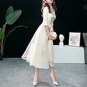 cheap Prom Dresses-A-Line Cocktail Dresses Elegant Dress Wedding Guest Party Wear Tea Length Half Sleeve Stand Collar Tulle with Appliques