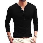preiswerte Lässiges Henley-T-Shirt-Herren T-Shirt mit Knöpfen T Shirt Langarmshirt Langarm Stehkragen Frühling &amp; Herbst Einfach Leicht Klassisch Lässig Button-Down Urlaub Lässig Ferien Wein Schwarz Weiß Top T-Shirt für Herren