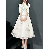 cheap Prom Dresses-A-Line Cocktail Dresses Elegant Dress Wedding Guest Party Wear Tea Length Half Sleeve Stand Collar Tulle with Appliques