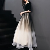 levne Polos formální / Koktejl-A-line večerní šaty elegantní šaty pro svatební hosty plesové dlouhé až na zem poloviční rukáv džewelový výstřih tyl s elegantními