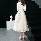 cheap Prom Dresses-A-Line Cocktail Dresses Elegant Dress Wedding Guest Party Wear Tea Length Half Sleeve Stand Collar Tulle with Appliques