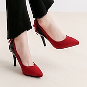 abordables Talons Aiguilles-talons aiguilles pointus rouges et noirs – escarpins élégants en daim avec nœud pour femmes, tenues de fête et de soirée