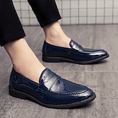 ieftine Semi-formal-mocasini din piele artificială lacuita albastru bleumarin pentru bărbați – pantofi de rochie clasici, cu finisaj lucios, perfecti pentru ocazii formale și ținute de afaceri