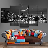 abordables Impressions de Paysages-5 panneaux toile imprimée tableau déco art mural affiches/image  nuit pont paysage urbain horizon décoration de la maison décor toile roulée sans cadre sans cadre non étiré
