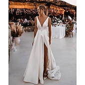  Strand Casual Bruiloft Jurken A-Lijn V Hals Sleeveloos Hoftrain Satijn Bruidsjurken Met Sjerpen  Linten Sjerp  Lint