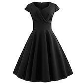 cheap Dresses-Retro Vintage 1950s Cocktail Dress Knee Length Dress Flare Dress Christmas Party Dress A-Line V Neck Normal Women&#039;s Carnival New Year Masquerade Vacation Casual Dress Adults&#039; Dress Homecoming Dresses