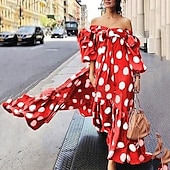 cheap Vacation Dresses-Women&#039;s Casual Dress Swing Dress Long Dress Maxi Dress Black Red Brown Sleeveless Polka Dot Print Fall Autumn Off Shoulder Loose Fit 2023 S M L XL XXL XXXL 4XL 5XL