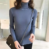 voordelige Effen kleuren-Dames Trui Basic Casual Effen Kleur Geribd Coltrui Gebreid Dun Lange mouw breien Dagelijks Zwart Wit Herfst Winter
