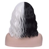economico Parrucche dei personaggi dei film-Parrucche Mersi Cruella Deville per donne, parrucche in bianco e nero per parrucche di Halloween per feste Cruella