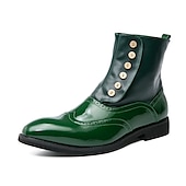 cheap Dress Boots-Men&#039;s Vintage Green Leather Button Boots - Stylish Wingtip Brogue Ankle Boots with Patent Leather Finish