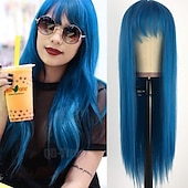 billige Syntetiske trendy parykker-grå parykker for kvinner syntetisk parykk naturlig rett midtdel parykk langt syntetisk hår dame cosplay midtparti svart hvit 26 tommers julefestparykker