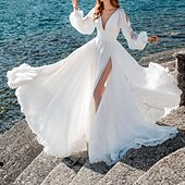 cheap Wedding Dresses-Beach Wedding Dresses A-Line V Neck Long Sleeve Sweep / Brush Train Chiffon Bridal Gowns With Split Front 2024