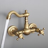 preiswerte an der Wand montiert-Waschbecken Wasserhahn, zwei Griffe, goldene Wandhalterung, zwei Löcher, Retro-Stil, Standardauslauf, Waschbeckenhahn mit Kalt- und Heißschalter