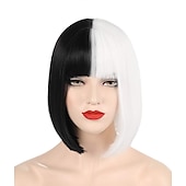 economico Parrucche dei personaggi dei film-parrucca gotica cruella deville parrucca cosplay parrucche in bianco e nero per le donne parrucca di capelli corti ricci ondulati bob carino parrucche sintetiche per il partito parrucche di halloween