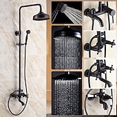 cheap Shower Faucets-Antique Shower System Faucet Combo Set, 8&quot; Rainfall Shower Head Kit with Handshower Wall Mounted, Brass Copper Black Electroplated Finish Vintage Style 2 Handles 3 Hole Bath Mixer Taps with Bodysprays