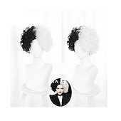 economico Parrucche dei personaggi dei film-101 Dalmata Parrucche Cosplay di Cruella De Vil Parte Centrale per Donne 12 pollici Fibra Resistenti al Calore Riccia Nera e Bianca Parrucca per Adulti e Teen Anime Parrucche di Halloween