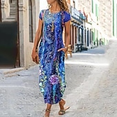 abordables Robes Floraux Imprimés-robe trapèze pour femme robe longue maxi bleue à manches courtes avec poches imprimées été col rond décontractée 2023 s m l xl xxl 3xl