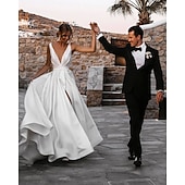  Strand Casual Bruiloft Jurken A-Lijn V Hals Sleeveloos Hoftrain Satijn Bruidsjurken Met Sjerpen  Linten Sjerp  Lint