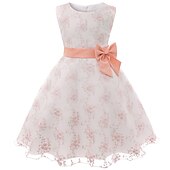 cheap Casual Dresses-Kids Girls&#039; Dress Floral Sleeveless Party Embroidered Lace Trims Bow Cute Cotton Knee-length Skater Dress Summer 3-10 Years Pink Dusty Rose Red