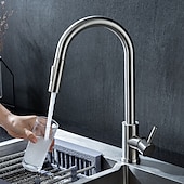 abordables Mitigeurs avec spray-Mitigeur d&#039;évier de cuisine en acier inoxydable avec pulvérisateur extractible, rotatif à 360 °, multifonction, robinet de cuisine à poignée unique, finition or brossé