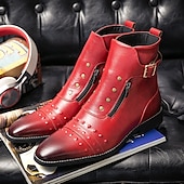 economico Stivali da vestiti-stivaletti da uomo in similpelle rossa – stile vintage con cerniera e dettagli borchiati, perfetti per la moda motociclistica e casual