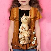 preiswerte Mädchen 3D Tiere-Mädchen 3D Tier Katze T-Shirt Kurzarm 3D-Druck Sommer Aktiv Polyester kinderkleidung 4-12 Jahre Schulanfang Freizeitskleidung Regular Fit