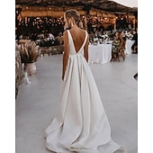  Strand Casual Bruiloft Jurken A-Lijn V Hals Sleeveloos Hoftrain Satijn Bruidsjurken Met Sjerpen  Linten Sjerp  Lint