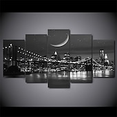 abordables Impressions de Paysages-5 panneaux toile imprimée tableau déco art mural affiches/image  nuit pont paysage urbain horizon décoration de la maison décor toile roulée sans cadre sans cadre non étiré