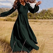 baratos Vestidos Florais-Mulheres Vestido Swing Vestido Longo Vestido Maxi Verde Escuro Marron Preto Manga Longa Cor imaculada Franzido Pregueado Patchwork Outono Primavera Decote V Boho Casual Vestido de outono Manga