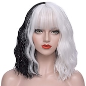economico Parrucche dei personaggi dei film-Parrucche Mersi Cruella Deville per donne, parrucche in bianco e nero per parrucche di Halloween per feste Cruella