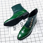 cheap Dress Boots-Men&#039;s Vintage Green Leather Button Boots - Stylish Wingtip Brogue Ankle Boots with Patent Leather Finish