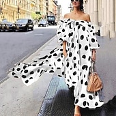 cheap Vacation Dresses-Women&#039;s Casual Dress Swing Dress Long Dress Maxi Dress Black Red Brown Sleeveless Polka Dot Print Fall Autumn Off Shoulder Loose Fit 2023 S M L XL XXL XXXL 4XL 5XL