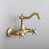 preiswerte an der Wand montiert-Waschbecken Wasserhahn, zwei Griffe, goldene Wandhalterung, zwei Löcher, Retro-Stil, Standardauslauf, Waschbeckenhahn mit Kalt- und Heißschalter