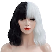 economico Parrucche dei personaggi dei film-parrucca gotica cruella deville parrucca cosplay parrucche in bianco e nero per le donne parrucca di capelli corti ricci ondulati bob carino parrucche sintetiche per il partito parrucche di halloween