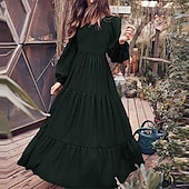 baratos Vestidos Florais-Mulheres Vestido Swing Vestido Longo Vestido Maxi Verde Escuro Marron Preto Manga Longa Cor imaculada Franzido Pregueado Patchwork Outono Primavera Decote V Boho Casual Vestido de outono Manga