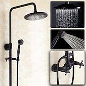 cheap Shower Faucets-Antique Shower System Faucet Combo Set, 8&quot; Rainfall Shower Head Kit with Handshower Wall Mounted, Brass Copper Black Electroplated Finish Vintage Style 2 Handles 3 Hole Bath Mixer Taps with Bodysprays