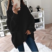 billiga Pullover &amp; Toppar-Dam Pullover tröja Grundläggande Ledigt Ensfärgat Ribbad Polokrage Drop Shoulder Långärmad Tunika Sticka Dagligen Helgdag Svart Vit Höst Vinter