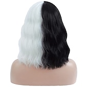 economico Parrucche dei personaggi dei film-parrucca gotica cruella deville parrucca cosplay parrucche in bianco e nero per le donne parrucca di capelli corti ricci ondulati bob carino parrucche sintetiche per il partito parrucche di halloween