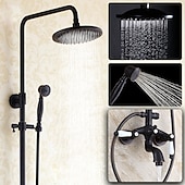 cheap Shower Faucets-Antique Shower System Faucet Combo Set, 8&quot; Rainfall Shower Head Kit with Handshower Wall Mounted, Brass Copper Black Electroplated Finish Vintage Style 2 Handles 3 Hole Bath Mixer Taps with Bodysprays