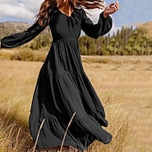 baratos Vestidos Florais-Mulheres Vestido Swing Vestido Longo Vestido Maxi Verde Escuro Marron Preto Manga Longa Cor imaculada Franzido Pregueado Patchwork Outono Primavera Decote V Boho Casual Vestido de outono Manga