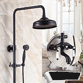cheap Shower Faucets-Antique Shower System Faucet Combo Set, 8&quot; Rainfall Shower Head Kit with Handshower Wall Mounted, Brass Copper Black Electroplated Finish Vintage Style 2 Handles 3 Hole Bath Mixer Taps with Bodysprays