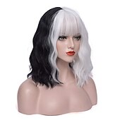 economico Parrucche dei personaggi dei film-Parrucche Mersi Cruella Deville per donne, parrucche in bianco e nero per parrucche di Halloween per feste Cruella