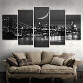 abordables Impressions de Paysages-5 panneaux toile imprimée tableau déco art mural affiches/image  nuit pont paysage urbain horizon décoration de la maison décor toile roulée sans cadre sans cadre non étiré