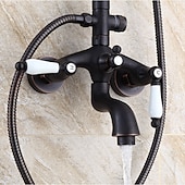 cheap Shower Faucets-Antique Shower System Faucet Combo Set, 8&quot; Rainfall Shower Head Kit with Handshower Wall Mounted, Brass Copper Black Electroplated Finish Vintage Style 2 Handles 3 Hole Bath Mixer Taps with Bodysprays