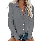 cheap Shirts-Women&#039;s Shirt Linen-Inspired Shirts Button Up Blouse Plain Elegant Business Basic Long Sleeve Shirt Collar Regular Tops Work Daily Weekend Black White Gray Fall &amp; Winter