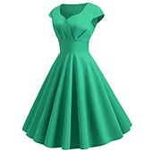 baratos Conjuntos-conjunto com vestido vintage flare colar de pérolas falsas brincos pulseira com anágua tutu sob a saia 1950 anos 1960 rockbility vestido retrô vintage feminino 6 peças roupas primavera verão roupa