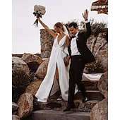  Strand Casual Bruiloft Jurken A-Lijn V Hals Sleeveloos Hoftrain Satijn Bruidsjurken Met Sjerpen  Linten Sjerp  Lint