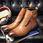 economico Stivali da vestiti-stivaletti da uomo in similpelle rossa – stile vintage con cerniera e dettagli borchiati, perfetti per la moda motociclistica e casual