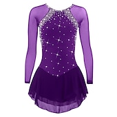 cheap Figure Skating Dresses-Figure Skating Dress Women&#039;s Girls&#039; Ice Skating Dress Violet Black White Open Back Mesh Spandex High Elasticity Training Competition Skating Wear Classic Crystal / Rhinestone Long Sleeve Ice Skating